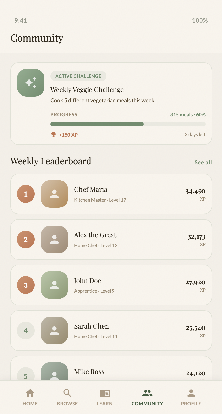 Hi-fi: Community page with leaderboard, active challenges, and friends activity feed