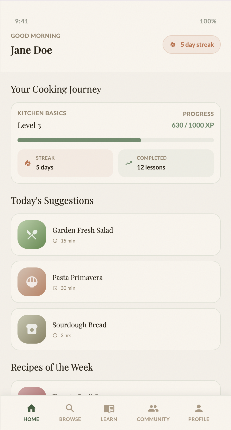 Hi-fi: Personalised home screen with curated suggestions post-quiz