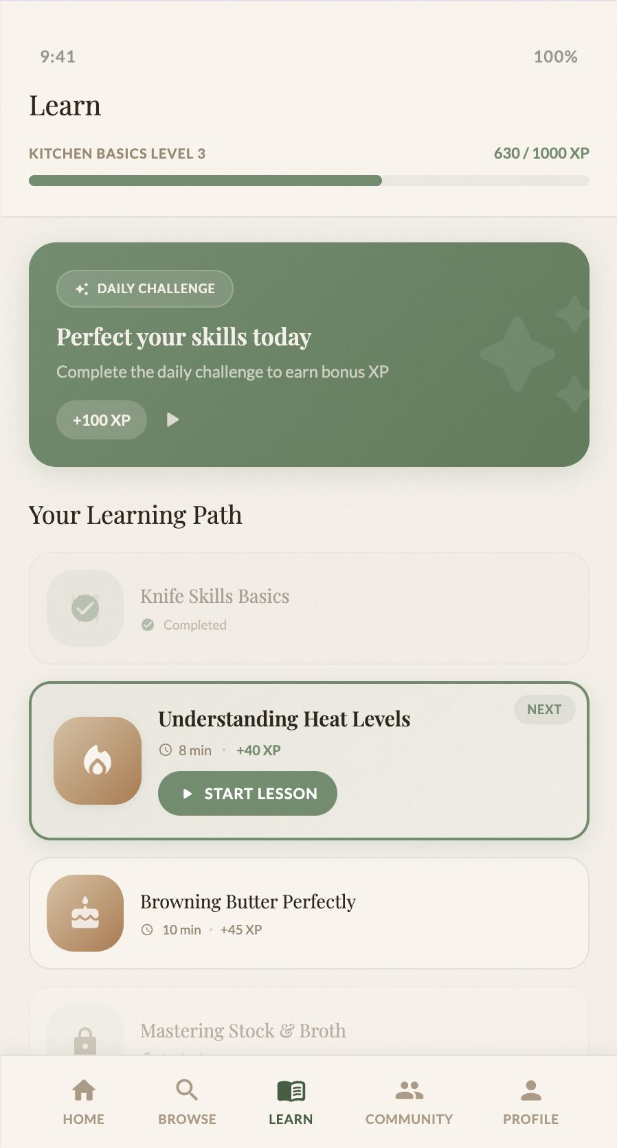 Hi-fi: Learn page showing XP progression, skill tracks, and quiz with feedback