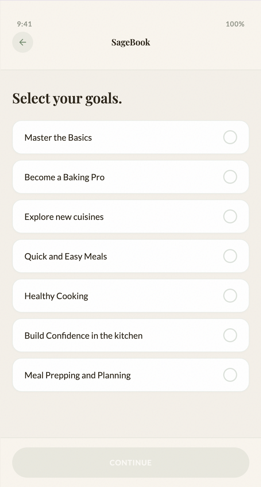 Hi-fi: Onboarding quiz screen 1