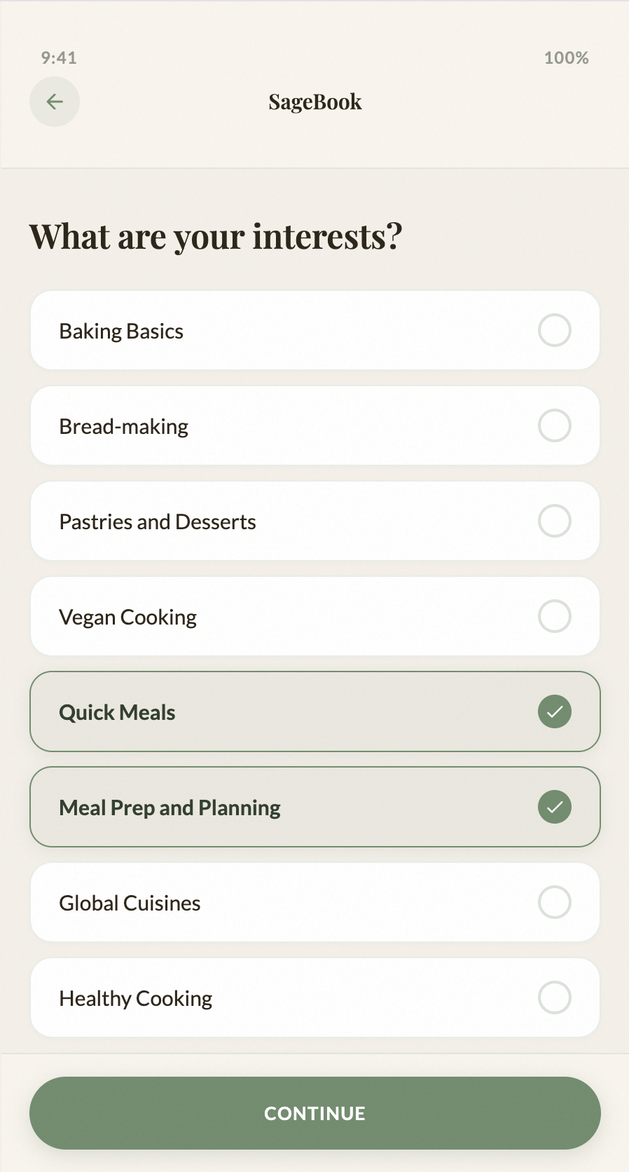 Hi-fi: Onboarding quiz screen 2